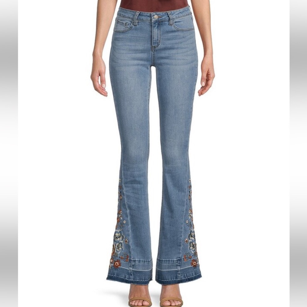 Prosperity Denim High Rise Floral Embroidered Released Hem Flare Leg Jeans SZ 30